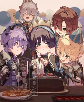 5boys aether_(genshin_impact) blonde_hair blue_eyes blue_hair bottle cake closed_eyes closed_mouth commentary crown dragon_horns durin_(genshin_impact) english_commentary food genshin_impact green_eyes hat highres holding holding_bottle horns jewelry kaedehara_kazuha looking_at_another male_focus mikan_(akasa051) multiple_boys party_hat ring scaramouche_(genshin_impact) shikanoin_heizou smile table wanderer_(genshin_impact)