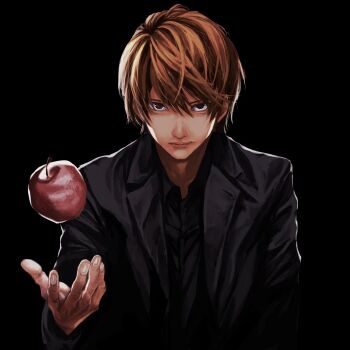 Rule 34 | 1boy, apple, black background, black shirt, black suit, brown hair, closed mouth, death note, food, formal clothes, fruit, ha ya shi ma, hair between eyes, hashtag-only commentary, highres, jacket, looking at viewer, male focus, shirt, short hair, solo, suit, suit jacket, upper body, yagami light
