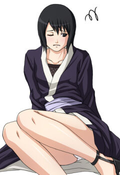 Rule 34 | 1girl, black eyes, black hair, blush, female focus, frown, japanese clothes, legs, naruto (classic), naruto (series), panties, pantyshot, shizune (naruto), simple background, sitting, solo, tk (tk's level4), underwear, white background, white panties, wince