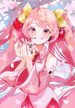1girl arm_tattoo blush cherry_blossoms cherry_hair_ornament collared_shirt commentary_request detached_sleeves falling_petals flower food-themed_hair_ornament hair_between_eyes hair_ornament hatsune_miku highres long_hair long_sleeves looking_at_viewer miku_day necktie number_tattoo official_alternate_costume petals pink_eyes pink_flower pink_hair pink_nails pink_necktie pink_petals pink_skirt pink_theme pink_trim pleated_skirt sakura_miku shirt skirt sleeveless sleeveless_shirt smile solo tattoo twintails very_long_hair vocaloid white_shirt wide_sleeves ya_enami