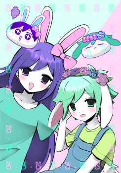 1boy 1girl animal_ears animalization aubrey_(headspace)_(omori) aubrey_(omori) basil_(headspace)_(omori) basil_(omori) blue_overalls blue_shirt bow collarbone colored_skin double-parted_bangs flower flower_wreath green_eyes green_hair green_shirt hair_bow head_wreath highres kemonomimi_mode long_hair omori open_mouth overalls person_and_animalization pink_bow purple_eyes purple_hair rabbit rabbit_boy rabbit_ears rabbit_girl rabbit_tail shirt short_sleeves sidelocks t-shirt tail true_erg white_skin