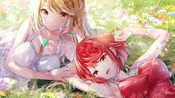 2girls alternate_costume bare_arms bare_shoulders blonde_hair bob_cut breasts chest_jewel closed_mouth collarbone commentary core_crystal_(xenoblade) dress earrings hand_on_another's_arm head_rest highres jewelry large_breasts long_hair looking_at_viewer lying multiple_girls mythra_(xenoblade) on_back on_grass on_side open_mouth pyra_(xenoblade) red_dress red_eyes red_hair short_hair sleeveless sleeveless_dress smile swept_bangs ui_frara white_dress xenoblade_chronicles_(series) xenoblade_chronicles_2 yellow_eyes