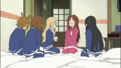 >_< 0_0 6+girls akiyama_mio alternate_hairstyle animated annoyed audible_speech bag barefoot black_eyes black_hair blonde_hair blue_eyes blush blush_stickers brown_eyes brown_hair ceiling ceiling_light cellphone closed_eyes closed_mouth closet cup door doorway dot_nose ducking eating english_audio face_down face_stretching feet food futon glasses gym_uniform hair_tie hallway hand_on_own_hip hirasawa_yui holding holding_cellphone holding_food holding_phone holding_pillow indoors jacket jewelry k-on! kotobuki_tsumugi light_switch long_hair lying medium_hair multiple_girls necklace no_shoes open_mouth own_hands_together phone pillow pillow_fight poking school_bag sitting socks sound standing standing_on_one_leg stepped_on table tainaka_ritsu talking tatami teacup teeth television throwing under_covers video walking yamanaka_sawako