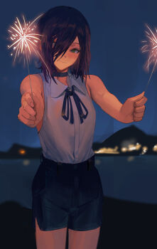 1girl absurdres armpit_crease bare_arms black_choker black_hair black_ribbon black_shorts blush breasts chainsaw_man choker fireworks green_eyes grenade_pin highres holding holding_fireworks looking_at_viewer neck_ribbon outdoors reze_(chainsaw_man) ribbon shirt shirt_tucked_in shorts side_slit side_slit_shorts sleeveless sleeveless_shirt small_breasts smile solo sparkler thighs white_shirt zombieleg