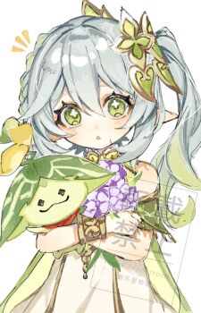 1girl :o aranara_(genshin_impact) bare_shoulders blush bracelet commentary cross-shaped_pupils dress genshin_impact gold_trim gradient_hair green_eyes green_hair hair_between_eyes hair_ornament highres holding jewelry long_hair looking_at_viewer milk3_252 multicolored_hair nahida_(genshin_impact) notice_lines pointy_ears side_ponytail simple_background sleeveless sleeveless_dress smile solo symbol-shaped_pupils watermark white_background white_dress white_hair