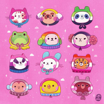 absurdres animal animal_focus artist_name bear bird blush cat cloud commentary dog ellievsbear english_commentary frog highres hood lgbt_pride monkey no_humans original panda pink_theme pride_month rabbit sheep signature simple_background solid_circle_eyes solid_eyes tiger