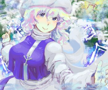 Rule 34 | 1girl, abstract, blue eyes, breast curtain, breasts, closed mouth, commentary request, cowboy shot, dress, hands up, hat, highres, lapel pin, large breasts, letty whiterock, long sleeves, looking at viewer, medium hair, multicolored hair, outstretched arms, pale color, pointing, pointing up, purple vest, shawl, shirt overhang, smile, snowflakes, solo, sparkle, takoajisoosu, torii, touhou, vest, white dress, white hat, white shawl