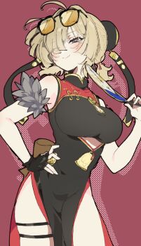 1girl aktkskr black_dress black_gloves blonde_hair breasts china_dress chinese_clothes closed_mouth clothing_cutout commentary_request cowboy_shot cutout_above_navel dress eyewear_on_head fingerless_gloves gloves hair_intakes hair_over_one_eye half-closed_eyes hand_fan hand_on_own_hip highres holding holding_fan large_breasts orange-tinted_eyewear pelvic_curtain purple_eyes red_background single_fingerless_glove smile solo sunglasses sweety_(zenless_zone_zero) thigh_strap tinted_eyewear tuanshan underboob_cutout zenless_zone_zero
