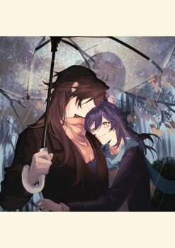 2boys animal_ear_fluff animal_ears bat_ears black_hair black_jacket blue_eyes blue_scarf brown_scarf brown_sweater bush capitano_(genshin_impact) closed_mouth commentary facial_mark forest genshin_impact hair_between_eyes hand_up highres holding holding_umbrella hug jacket lapels letterboxed long_hair long_sleeves looking_at_another looking_down male_focus medium_hair multiple_boys nature one_eye_closed ororon_(genshin_impact) outdoors purple_hair rain sang_sha scarf smile sweater symbol-only_commentary transparent transparent_umbrella tree turtleneck turtleneck_sweater umbrella yaoi