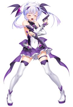 1girl back_bow bare_shoulders blush boots bow breasts chest_jewel closed_eyes covered_navel dagger detached_sleeves dual_wielding exs-tia_luna facing_viewer finger_on_trigger floating_hair frilled_skirt frills full_body game_cg gem gun hair_between_eyes hair_ornament hair_ribbon halterneck handgun headgear holding holding_dagger holding_gun holding_knife holding_weapon holster jewelry kamitsurugi_ouka knife kouyoku_senki_exs-tia_concert large_variant_set legs_apart leotard long_hair magical_girl miniskirt non-web_source official_art open_mouth pigeon-toed pleated_skirt purple_hair purple_skirt ribbon shiny_clothes shiny_skin shouting skirt small_breasts solo standing sugahara_touka teeth thigh_boots thigh_holster thigh_strap thighhighs transparent_background trigger_discipline twintails v-shaped_eyebrows variant_set weapon white_hair white_thighhighs zettai_ryouiki