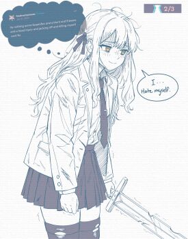 Rule 34 | 1girl, arknights, ave mujica (bang dream!), bang dream!, bang dream! it's mygo!!!!!, black necktie, black ribbon, black skirt, black thighhighs, brown eyes, caffichai, closed mouth, commentary, english commentary, english text, hair ribbon, highres, long hair, long sleeves, necktie, pleated skirt, ribbon, skirt, smile, solo, speech bubble, thighhighs, thought bubble, tie clip, togawa sakiko, torn clothes, torn thighhighs