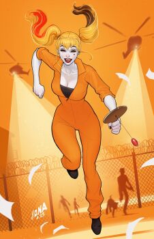 1girl aircraft alternate_costume barbed_wire batman_(series) black_shoes black_streaks blonde_hair collarbone colored_skin david_nakayama dc_comics fence fucked_silly harley_quinn helicopter highres holding holding_paddle initial jumpsuit long_hair multicolored_hair orange_jumpsuit paddle red_streaks searchlight shoes short_sleeves solo_focus streaked_hair twintails white_skin