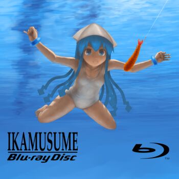 1girl album_cover album_cover_redraw bangle blu-ray_logo blue_eyes blue_hair bracelet cover derivative_work female_focus fishing_line food hat hook ikamusume jewelry logo long_hair matching_hair/eyes nevermind nirvana_(band) one-piece_swimsuit parody shinryaku!_ikamusume shrimp shrimp_tempura sokushinbutsu solo swimsuit tempura tentacle_hair underwater white_one-piece_swimsuit