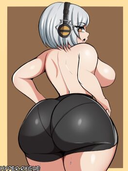 Rule 34 | 1girl, anby demara, ass, ass focus, bare shoulders, bike shorts, breasts, from behind, headphones, highres, huge ass, hyperrxgue, large breasts, looking at viewer, looking back, open mouth, pantylines, red eyes, short hair, short shorts, shorts, sideboob, solo, sweat, thick thighs, thighs, topless, white hair, zenless zone zero