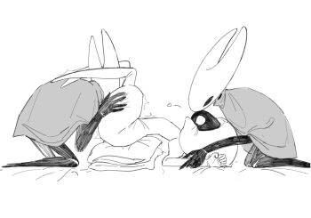 3girls arthropod_girl cloak colored_skin cunnilingus dual_persona fff_threesome group_sex hashtag-only_commentary heart highres hollow_knight hollow_knight:_silksong horned_mask hornet_(hollow_knight) kiss lace_(hollow_knight) lying mask multiple_girls on_back oral pillow tatota threesome trembling yuri