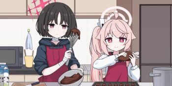 2girls absurdres ahoge apron baking baking_sheet bandaged_neck bandaged_wrist bandages blue_archive bowl bright_pupils brown_hair cardigan chocolate closed_mouth commentary_request cooking_pot counter drink_carton expressionless halo highres holding holding_bowl holding_pastry_bag holding_whisk indoors kitchen long_hair long_sleeves microwave milk milk_carton misaki_(blue_archive) multiple_girls natsu_(blue_archive) pastry_bag pink_hair pink_halo red_apron red_eyes red_halo short_hair side_ponytail sleeves_rolled_up smile solo whisk white_cardigan white_pupils zddma20