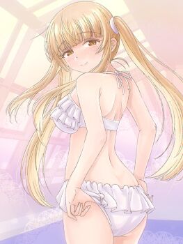 1girl adjusting_clothes adjusting_swimsuit bare_arms bare_legs bikini blonde_hair blush breasts closed_mouth commentary_request frilled_bikini frills indoors long_hair looking_at_viewer looking_back medium_breasts oekaki_lemon otonari_no_tenshi-sama_ni_itsu_no_mani_ka_dame_ningen_ni_sarete_ita_ken rei_no_pool ruffle_bikini shiina_mahiru_(otonari_no_tenshi-sama) smile solo swimsuit twintails white_bikini
