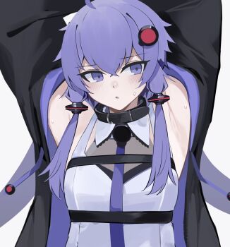 1girl armpits arms_up black_jacket blue_eyes blue_hair commentary crossed_bangs hair_between_eyes hair_ornament highres jacket looking_at_viewer open_clothes open_jacket shirt simple_background sleeveless sleeveless_shirt solo ubah voiceroid white_background white_shirt yuzuki_yukari