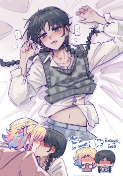 ... 2girls ahuan_00 black_eyes black_hair blonde_hair blue_streaks blush braid brown_horns clothes_lift commentary corrupted_twitter_file english_commentary enid_sinclair freckles grey_sweater_vest hickey highres horns kiss multiple_girls parted_lips pink_streaks shirt shirt_lift spoken_ellipsis sweater_vest the_addams_family twin_braids wednesday_(netflix) wednesday_addams white_shirt yuri