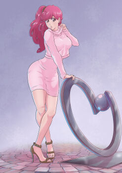 1girl absurdres alternate_costume bleach bleach:_sennen_kessen-hen brick_floor closed_mouth crossed_legs dress earrings high_heel_sandals highres jewelry long_hair long_sleeves meninas_mcallon pink_dress pink_eyes pink_hair pink_shirt pulling_own_clothes quincy_(bleach) sandals shirt side_ponytail solo sonzhondaya standing statue sternritter turtleneck
