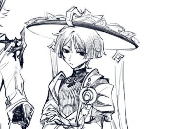 2boys closed_mouth crossed_arms dd16056094 empty_eyes expressionless genshin_impact grey_background hair_between_eyes hat head_tilt japanese_clothes jewelry long_sleeves looking_at_viewer monochrome multiple_boys out_of_frame pendant scaramouche_(genshin_impact) shade short_hair sketch solo_focus tartaglia_(genshin_impact) upper_body