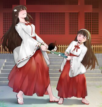 >_< 2girls :< absurdres aged_up ahoge alternate_costume alternate_hairstyle araragi_koyomi black_hair blush bow bowtie breaking breasts broken_toy brown_hair button_eyes buttons character_doll clenched_teeth commentary commission doll dual_persona english_commentary fence fighting furisode furisode_sleeves hachikuji_mayoi hair_between_eyes hair_down hair_ornament hair_over_one_eye hairband hakama hakama_skirt heel_up highres holding holding_doll japanese_clothes kabukimonogatari kimono leaning_back long_hair long_sleeves medium_breasts miko monogatari_(series) multiple_girls no_socks open_mouth outdoors pavement piancaesar pulling red_bow red_bowtie red_footwear red_skirt red_trim ribbon_trim round_teeth sandals shrine skirt small_breasts snail_hair_ornament stairs standing stuffing tearing_stuffed_toy teeth toes torii tug_of_war upper_teeth_only very_long_hair white_hairband white_kimono wide_sleeves wooden_fence zouri