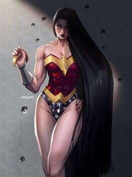 1girl absurdres amazon_warrior armor black_hair black_lips bracer bullet_hole dc_comics gold_bracer gold_tiara highres leotard lipstick long_hair makeup muscular muscular_female redrollerball12 solo superhero_costume thick_thighs thighs tiara very_long_hair wonder_woman wonder_woman_(series) yellow_eyes