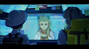 1girl 2boys arven_(pokemon) brown_bag dark_room florian_(pokemon) hat monitor multiple_boys multiple_monitors nintendo pokemon pokemon_sv professor_sada school_hat school_uniform yellow_bag yomogi_dango_(sbj_rocketlink)