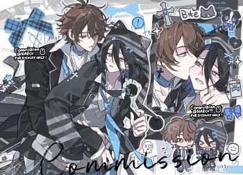 1boy black_gloves black_hair blue_eyes character_request collared_shirt commentary_request copyright_request evodtonaeco gloves hair_between_eyes highres holding long_sleeves open_mouth shirt smile white_shirt