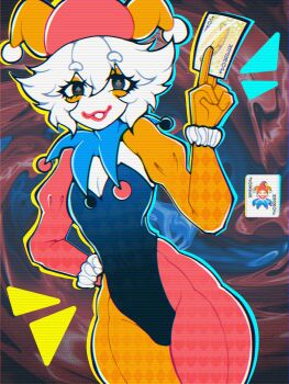 1boy abstract_background balatro black_eyes black_leotard blue_collar bodysuit breasts bulge card cleavage clown clown_boy club-shaped_pupils collar colored_skin commentary covered_navel english_commentary feet_out_of_frame hair_between_eyes hat highres hosses jester jester_boy jester_cap jimbo_(balatro) leotard looking_at_viewer male_focus mismatched_pupils multicolored_bodysuit orange_bodysuit pectoral_cleavage pectorals personification pink_bodysuit playing_card scanlines short_hair solo spade-shaped_pupils trap two-tone_bodysuit white_hair white_skin