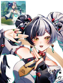1girl bare_shoulders black_hair braid braided_twintails chakram china_dress chinese_clothes commentary_request detached_sleeves dialyn_(zenless_zone_zero) double_bun dress earrings game_screenshot_inset green_nails hair_bun hair_extensions hair_ornament half-closed_eyes id_card jewelry long_hair looking_at_viewer multicolored_hair multicolored_nails necktie om_rm1101 open_mouth panda_hair_ornament red_nails reference_inset ring_hair_extensions signature simple_background solo split-color_hair upper_body weapon white_background white_dress white_hair wire yellow_eyes yellow_necktie zenless_zone_zero