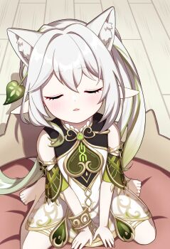 1girl absurdres animal_ear_fluff animal_ears armlet bare_shoulders barefoot blush cat_ears closed_eyes commentary_request detached_sleeves dress extra_ears genshin_impact gold_trim gradient_hair green_hair green_sleeves hair_between_eyes hair_ornament highres jewelry kemonomimi_mode leaf_hair_ornament long_hair moo-san_(creamgameart) multicolored_hair nahida_(genshin_impact) parted_lips pointy_ears side_ponytail sitting sleeveless sleeveless_dress solo toes variant_set wariza white_dress white_hair
