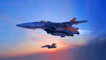 3d afterburner canopy choujikuu_yousai_macross cloud commentary contrail dusk english_commentary flying hangarb hardpoint helmet highres macross macross:_the_first mecha pilot pilot_suit realistic robot robotech roundel science_fiction thrusters u.n._spacy variable_fighter vehicle_focus veritech vf-1 vf-1d