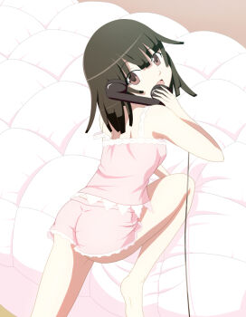 Rule 34 | 1girl, ass, bakemonogatari, bed, black hair, breasts, brown eyes, corded phone, female focus, indoors, legs, lingerie, long legs, looking at viewer, monogatari (series), on the phone, open mouth, ossannoa, phone, sengoku nadeko, small breasts, solo, underwear
