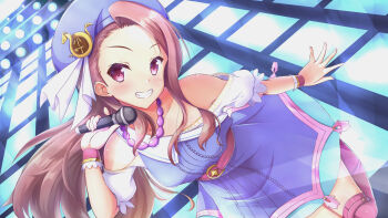 1girl :d aida_monaka belt beret blue_dress blue_hat blush brown_hair child collarbone commentary_request dress dutch_angle eyelashes floating_hair forehead frilled_wrist_cuffs frills grin hand_up happy hat highres holding holding_microphone idol idol_clothes idolmaster long_hair looking_at_viewer microphone minase_iori off-shoulder_dress off_shoulder open_mouth palace_of_dragon_(idolmaster) parted_bangs pink_belt pink_thighhighs pink_wrist_cuffs red_eyes short_sleeves single_bare_shoulder smile solo stage stage_lights thighhighs very_long_hair wrist_cuffs