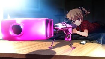 1girl aiming anti-materiel_rifle barrett_m82 bipod black_bow black_necktie black_skirt bow brown_hair cellphone closed_mouth computer concentrating cute_weapon foreshortening fumio_(ura_fmo) game_cg grisaia_(series) grisaia_no_rakuen gun hair_bow holding holding_gun holding_weapon indoors irisu_makina laptop large_variant_set lying necktie non-web_source official_art on_stomach phone plaid_clothes plaid_shirt pleated_skirt red_eyes red_shirt rifle scope shirt short_hair short_sleeves short_twintails skirt smartphone smile sniper_rifle solo twintails usb_cable variant_set weapon