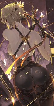 1girl absurdres ass asymmetrical_gloves back backboob black_gloves black_pants black_ribbon blonde_hair breasts chest_harness choker commentary cowboy_shot earrings elbow_gloves evelyn_chevalier from_behind gloves hair_ornament harness high-waist_pants highres huge_filesize jewelry knife large_breasts long_ribbon looking_at_viewer looking_back median_furrow medium_hair netural pants parted_lips purple_eyes ribbon ring_hair_ornament short_hair shoulder_blades single_elbow_glove solo thigh_gap thighs tight_clothes tight_pants topless_female uneven_gloves wire zenless_zone_zero