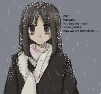 Rule 34 | 1girl, azumanga daiou, bewwytonin, black coat, brown eyes, brown hair, closed mouth, coat, english text, grey background, husbant (meme), kasuga ayumu, long hair, looking at viewer, meme, scarf, simple background, snow, snow on head, snowing, solo, straight-on, upper body, white scarf