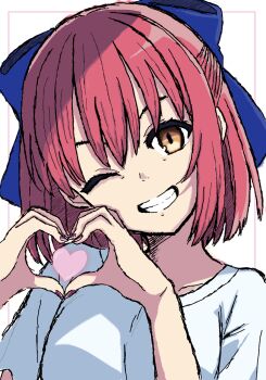 Rule 34 | 1girl, blue bow, bow, commentary, d8282not, english commentary, english text, hair between eyes, hair bow, heart, heart hands, highres, kohaku (tsukihime), looking at viewer, one eye closed, red hair, red nails, shirt, short hair, short sleeves, simple background, smile, solo, teeth, tsukihime, white background, white shirt, yellow eyes