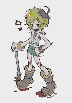 Rule 34 | 1girl, blonde hair, blood, breasts, haejeo1008, heather mason, highres, holding, jacket, lead pipe, looking at viewer, miniskirt, pencil skirt, short hair, silent hill (series), silent hill 3, skirt, sleeveless, sleeveless turtleneck, solo, turtleneck, vest, weapon, wristband