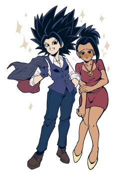 Rule 34 | 2girls, absurdres, alternate costume, big hair, black eyes, black hair, blue pants, blush, breasts, brown shoes, caulifla, collarbone, commentary request, dragon ball, dragon ball super, dress, earrings, flying sweatdrops, grin, highres, jacket, jewelry, kale (dragon ball), large breasts, multiple girls, o-ring, otyumamii, pants, ponytail, red dress, saiyan, shirt, shoes, shy, sleeves rolled up, small breasts, smile, sparkle, spiked hair, sweat, tan, vest, white shirt, yellow shoes