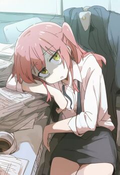 :o bags_under_eyes bocchi_the_rock! chair coffee collared_shirt cup dress_shirt empty_eyes exhausted formal_clothes green_eyes head_on_arm highres jacket kamenoko231 kita_ikuyo loose_clothes loose_shirt messy_hair mug necktie office office_chair paper pencil_skirt red_hair shirt side_ponytail skirt suit suit_jacket swivel_chair undone_necktie
