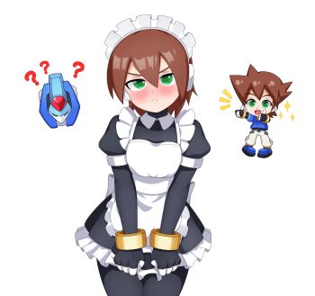 1boy 1girl aile_(mega_man_zx) apron biometal black_bodysuit black_dress blush bodysuit breasts chibi chibi_inset cowboy_shot dress green_eyes highres jwc_vevo maid maid_headdress mega_man_(series) mega_man_zx model_x_(mega_man) robot_ears short_hair vent_(mega_man) white_apron