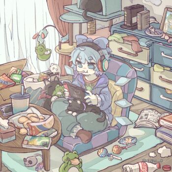 Rule 34 | 1girl, alternate costume, animal, animal on lap, blue bow, blue eyes, blue hair, blue hoodie, book, bottle, bow, brand name imitation, candy, cat, cat tower, chest of drawers, chigu, chips (food), cirno, commentary request, contemporary, couch, curtains, daiyousei, detached wings, eating, food, frog, game console, green pants, hair bow, handheld game console, headphones, highres, holding, holding handheld game console, hood, hoodie, ice, ice wings, indoors, key, lollipop, lollipop in mouth, long sleeves, messy room, nintendo switch, on couch, on lap, open book, pants, photo (object), picture frame, sitting, soda bottle, solo, tissue box, touhou, trash can, twitter username, wings