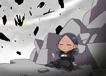 1girl adversarial_noise beam_rifle bindi black_dress black_hair closed_eyes commentary dark-skinned_female dark_skin delraich66 dress energy_gun gundam gundam_gquuuuuux highres lalah_sune mahou_shoujo_madoka_magica mecha parody robot rock rubble rx-78-2_gundam shield sitting solo tears weapon