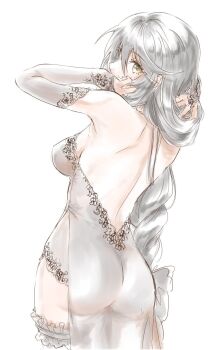 1girl ass character_request dress expressionless highres looking_at_viewer looking_back mitsugu simple_background tagme white_background