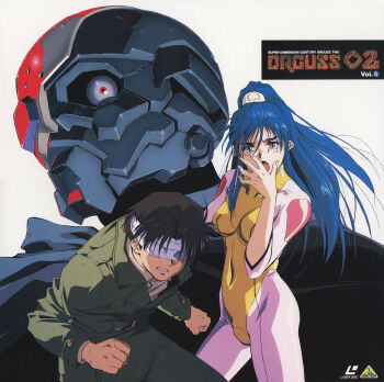 1990s_(style) 1boy 1girl bandages bandages_over_eyes blue_eyes blue_hair bodysuit brown_hair clenched_hands copyright_name cover cover_page covering_own_mouth grin hand_over_own_mouth high_ponytail highres jacket laserdisc_cover logo long_hair long_sleeves looking_at_viewer mecha mikimoto_haruhiko military_uniform nataruma non-web_source official_art open_mouth orguss_02 orguss_02_(mecha) ponytail retro_artstyle riin_(orguss_02) robot scan scar short_hair simple_background smile white_background