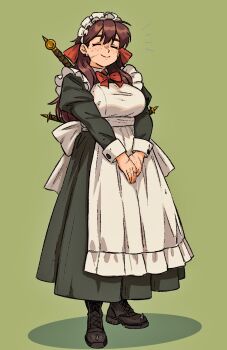 1girl apron black_boots boots bow breasts brown_hair caffichai closed_eyes closed_mouth commentary commission dress english_commentary freckles full_body green_background highres large_breasts long_hair long_sleeves maid_headdress original red_bow shadow simple_background solo standing white_apron