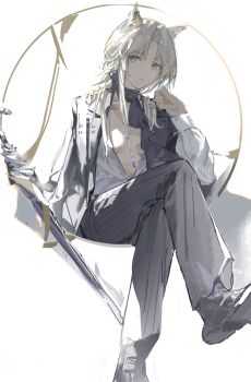 1girl absurdres animal_ears arknights ascot black_ascot black_jacket black_pants black_shoes breasts character_request chinese_commentary closed_mouth commentary crossed_legs green_eyes grey_shirt highres holding holding_sword holding_weapon jacket jacket_on_shoulders looking_at_viewer nbrush19 open_clothes open_shirt pants shirt shoes small_breasts solo striped_clothes striped_pants sword vertical-striped_clothes vertical-striped_pants weapon white_hair