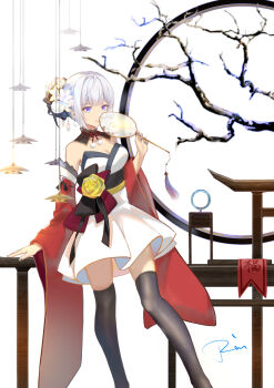 1girl absurdres bare_shoulders black_thighhighs blue_eyes breasts chinese_commentary cleavage commentary_request detached_collar detached_sleeves dress feet_out_of_frame flower hair_flower hair_ornament hand_fan highres holding holding_fan leaning_to_the_side long_sleeves medium_breasts original rein_yukimatsu rose sash short_dress signature solo strapless strapless_dress thighhighs white_dress white_flower white_hair wide_sleeves yellow_flower yellow_rose zettai_ryouiki